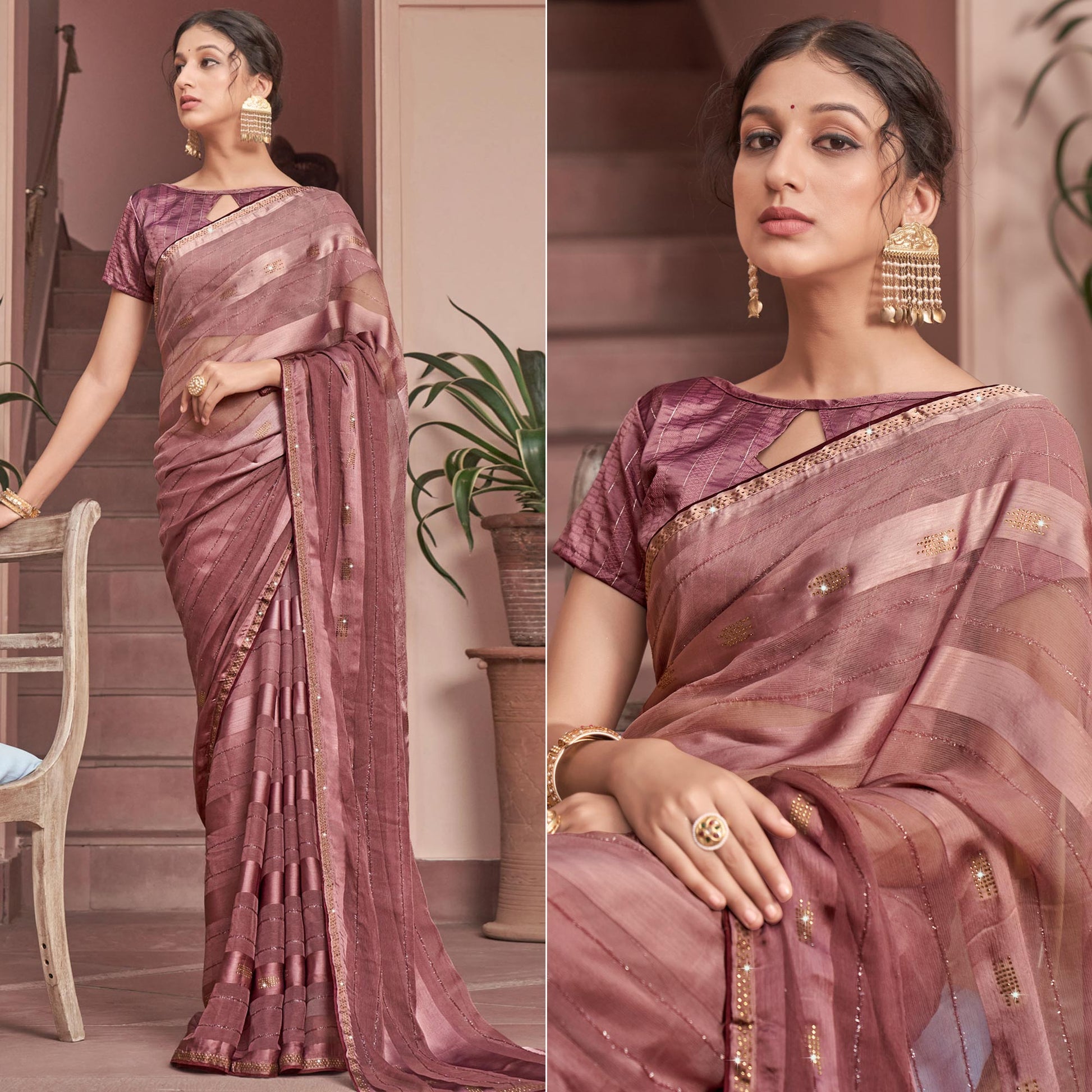 Mauve Swarovski Work Georgette Saree