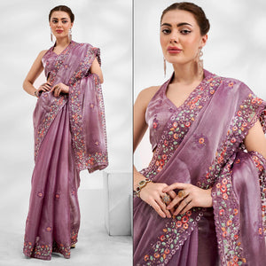 Lavender Floral Embroidered Tissue Saree