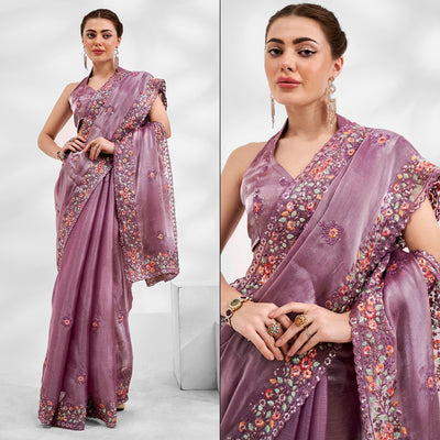 Lavender Floral Embroidered Tissue Saree