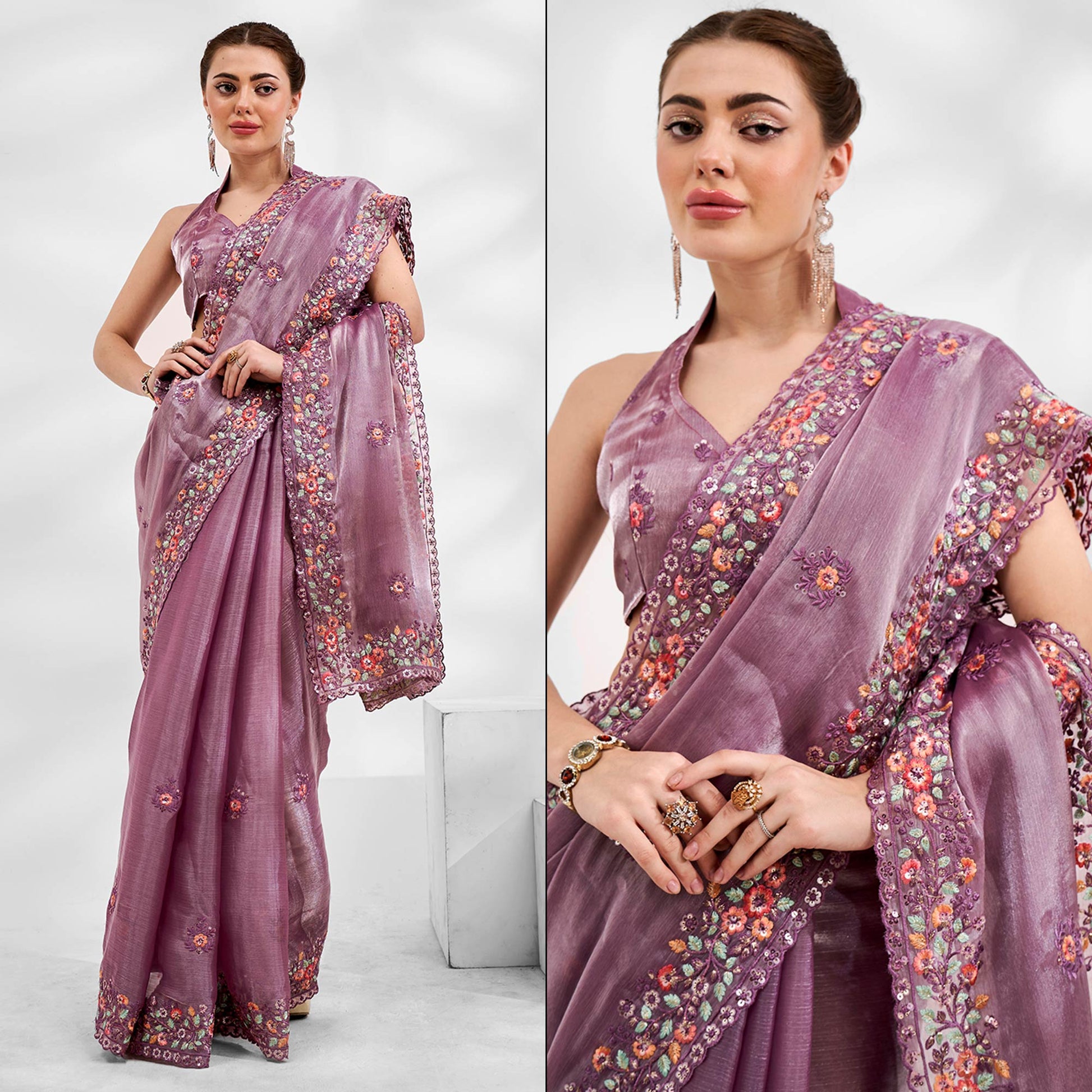 Lavender Floral Embroidered Tissue Saree