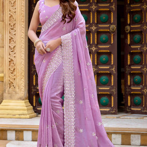 Light Purple Floral Sequins Embroidered Chiffon Saree