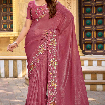 Dusty Rose Pink Floral Embroidered With Swarovski Work Chiffon Saree