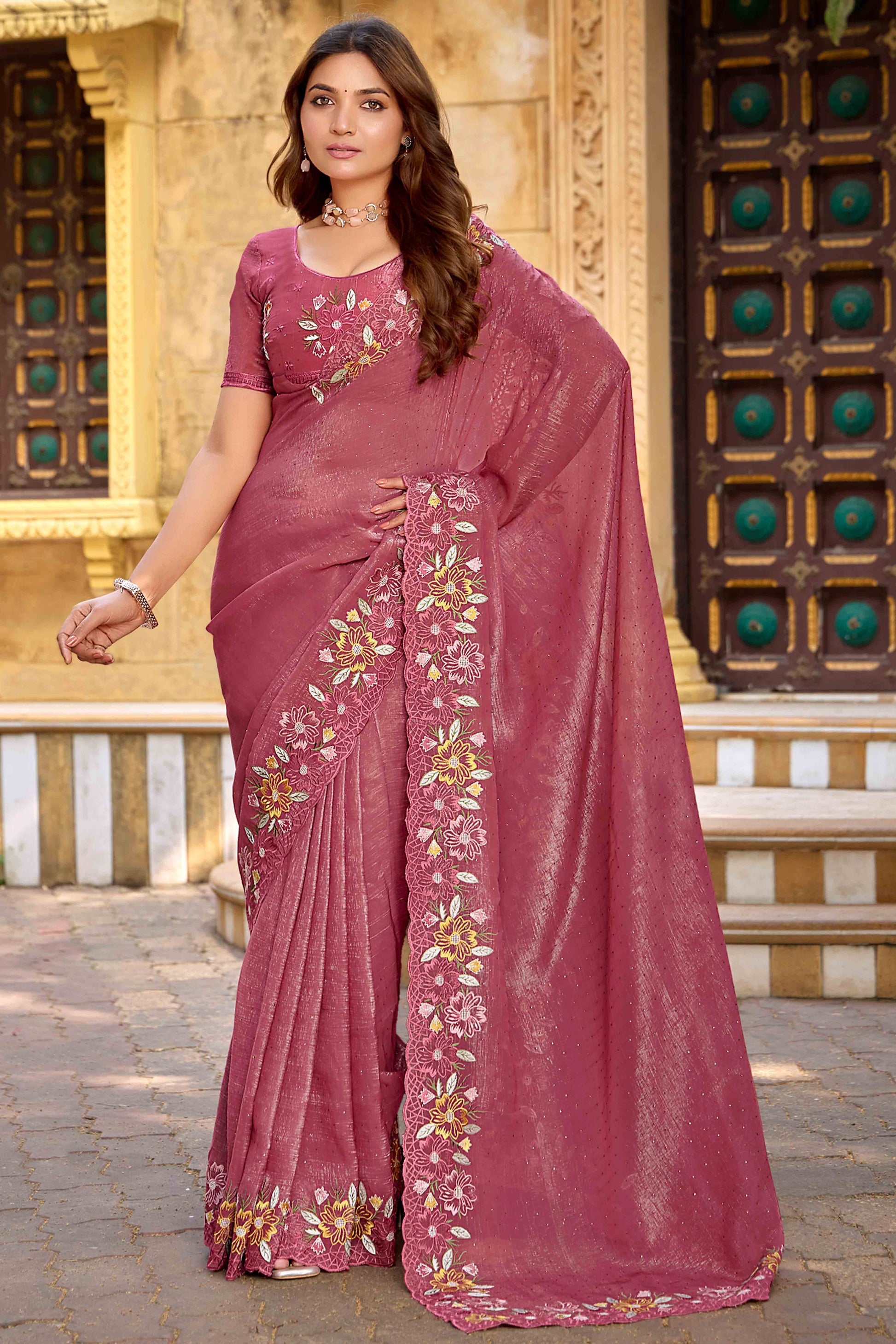Dusty Rose Pink Floral Embroidered With Swarovski Work Chiffon Saree