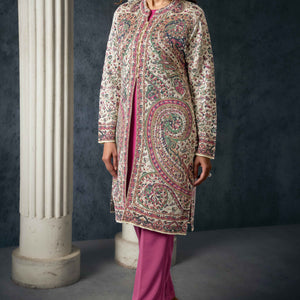 Cream Paisley Weaving Woolen Front Slit Top Bottom Set with Jacket