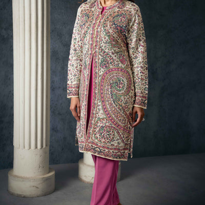 Cream Paisley Weaving Woolen Front Slit Top Bottom Set with Jacket