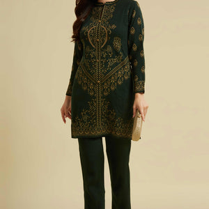 Bottle Green Woven Woolen Straight Top Bottom Set