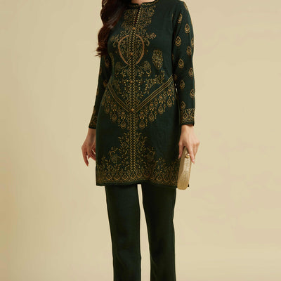 Bottle Green Woven Woolen Straight Top Bottom Set