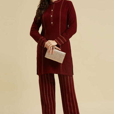 Maroon Woven Woolen Straight Top Bottom Set