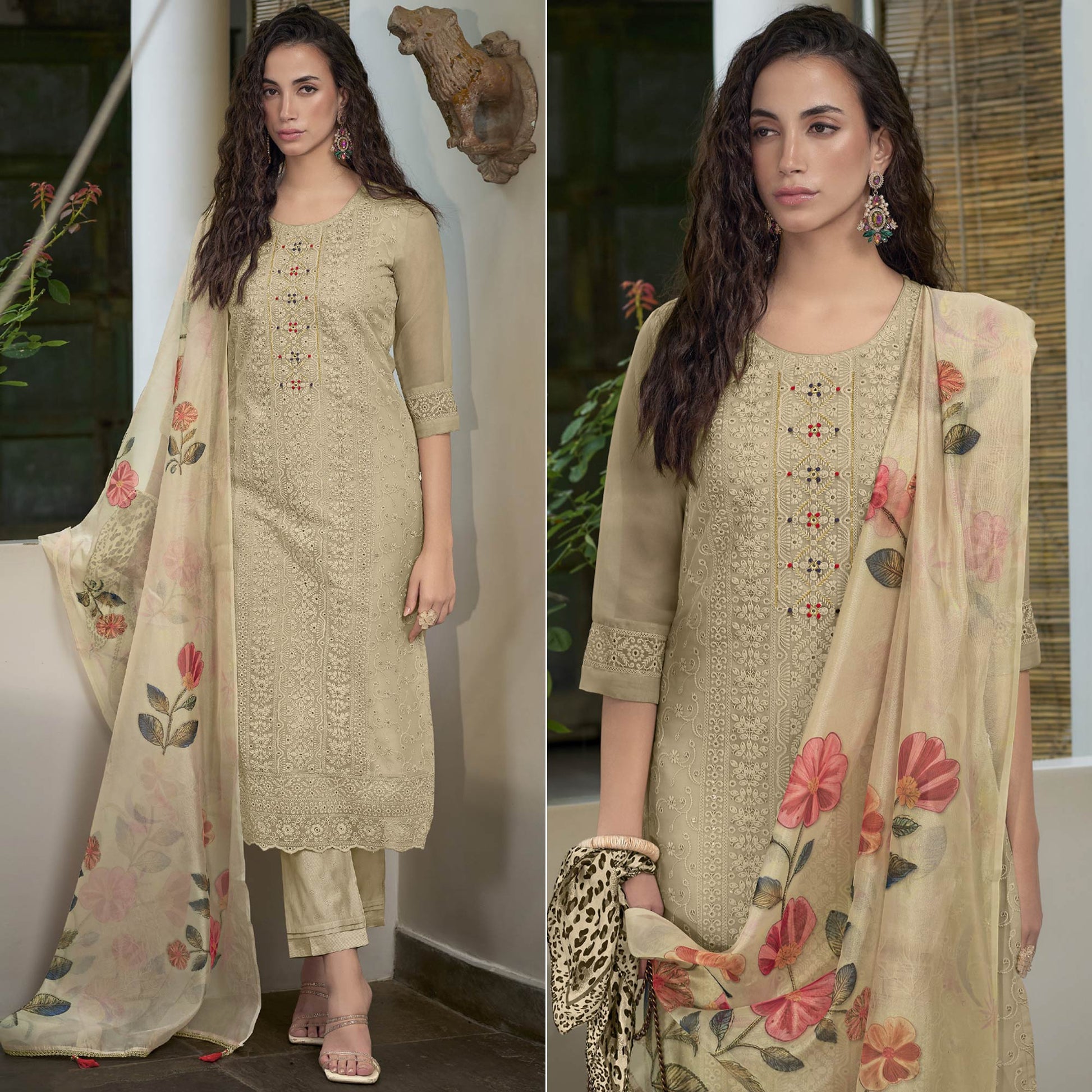 Cream Chikankari With Handwork Organza Salwar Suit