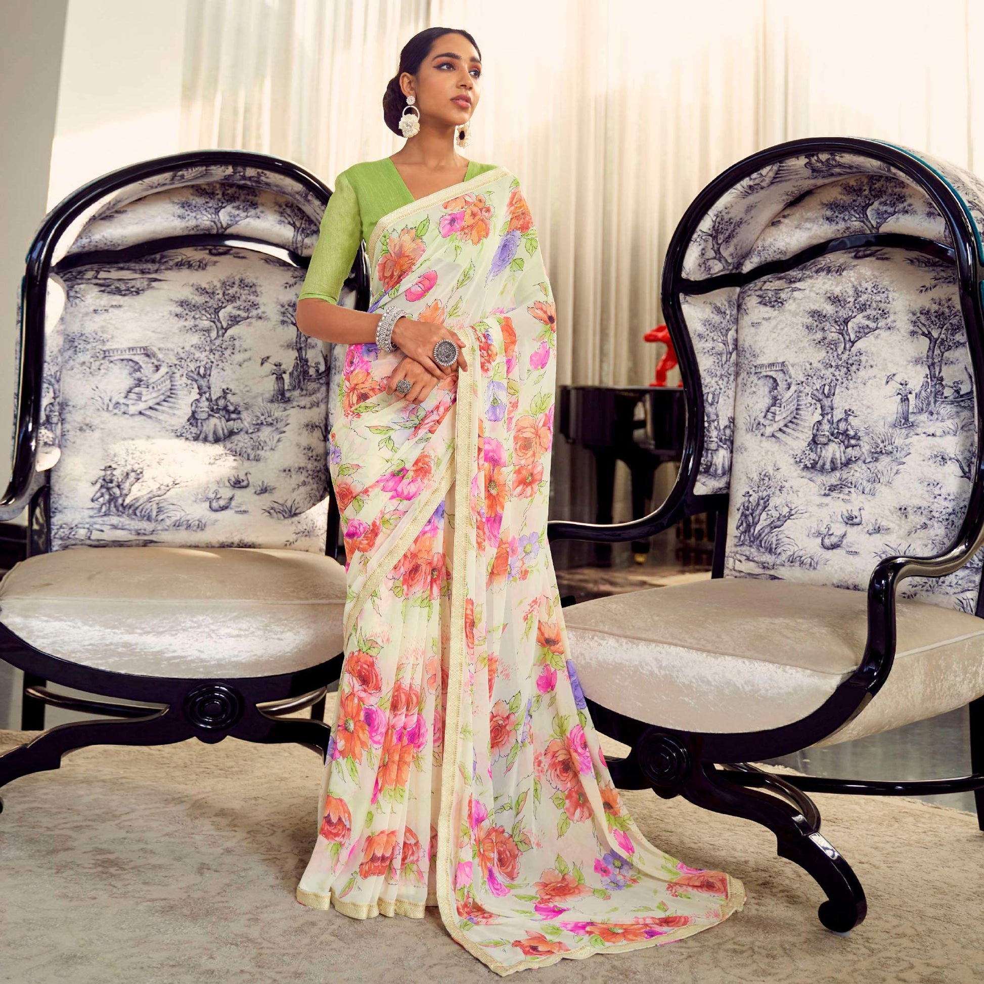 Cream Floral Printed Georgette Saree