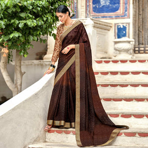 Brown Printed Georgette Saree With Gold Zari
