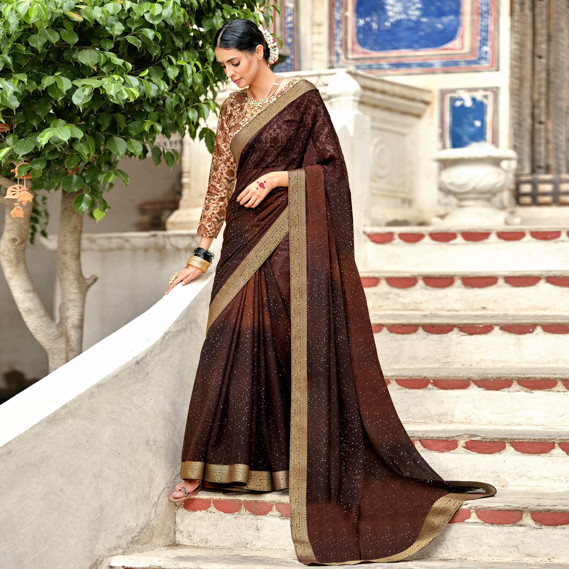 Brown Printed Georgette Saree With Gold Zari