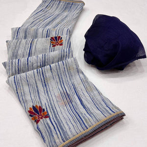 Grey Printed Raw Silk Saree With Fancy Border