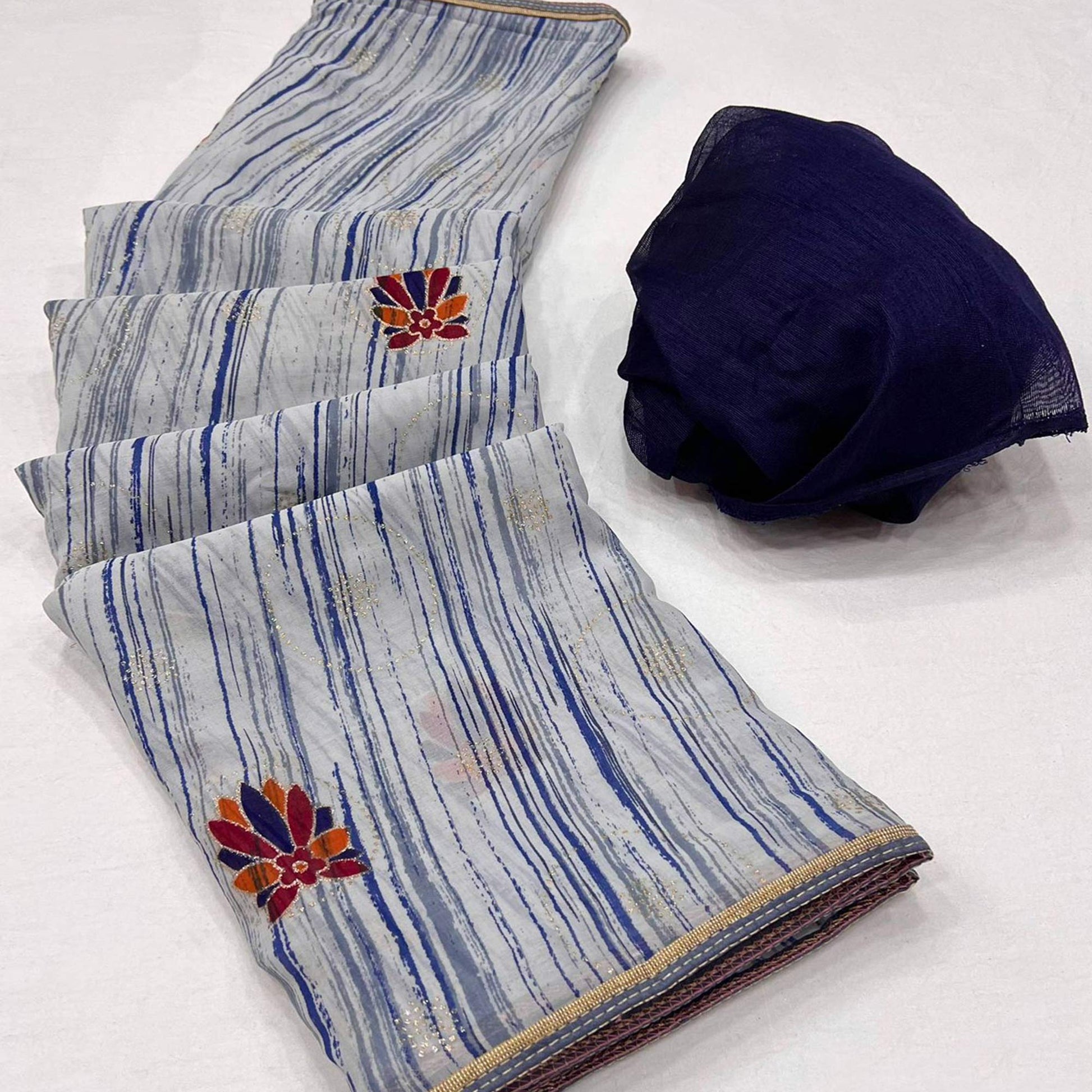 Grey Printed Raw Silk Saree With Fancy Border