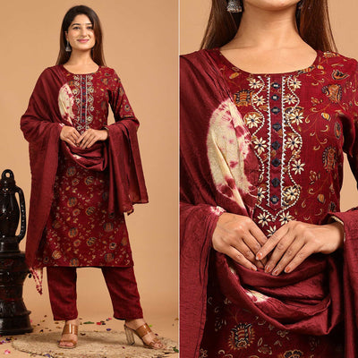Maroon Printed With Embroidered Rayon Salwar Suit