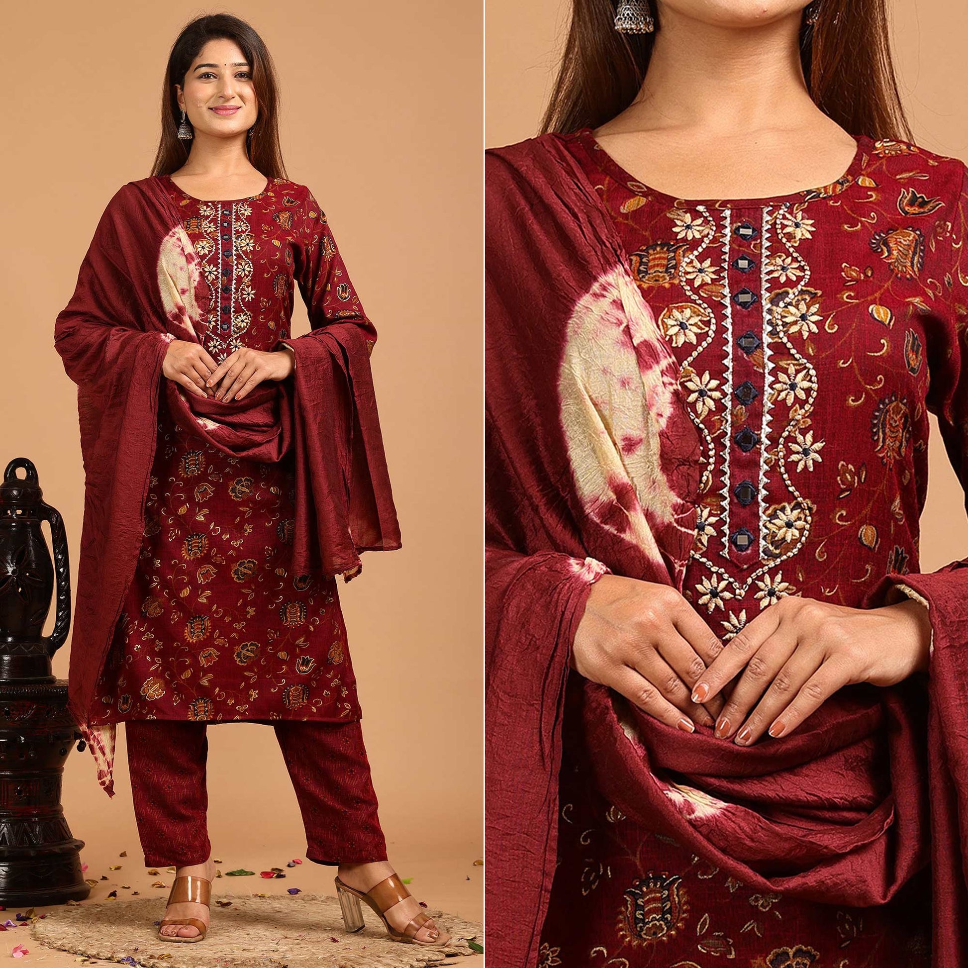 Maroon Printed With Embroidered Rayon Salwar Suit