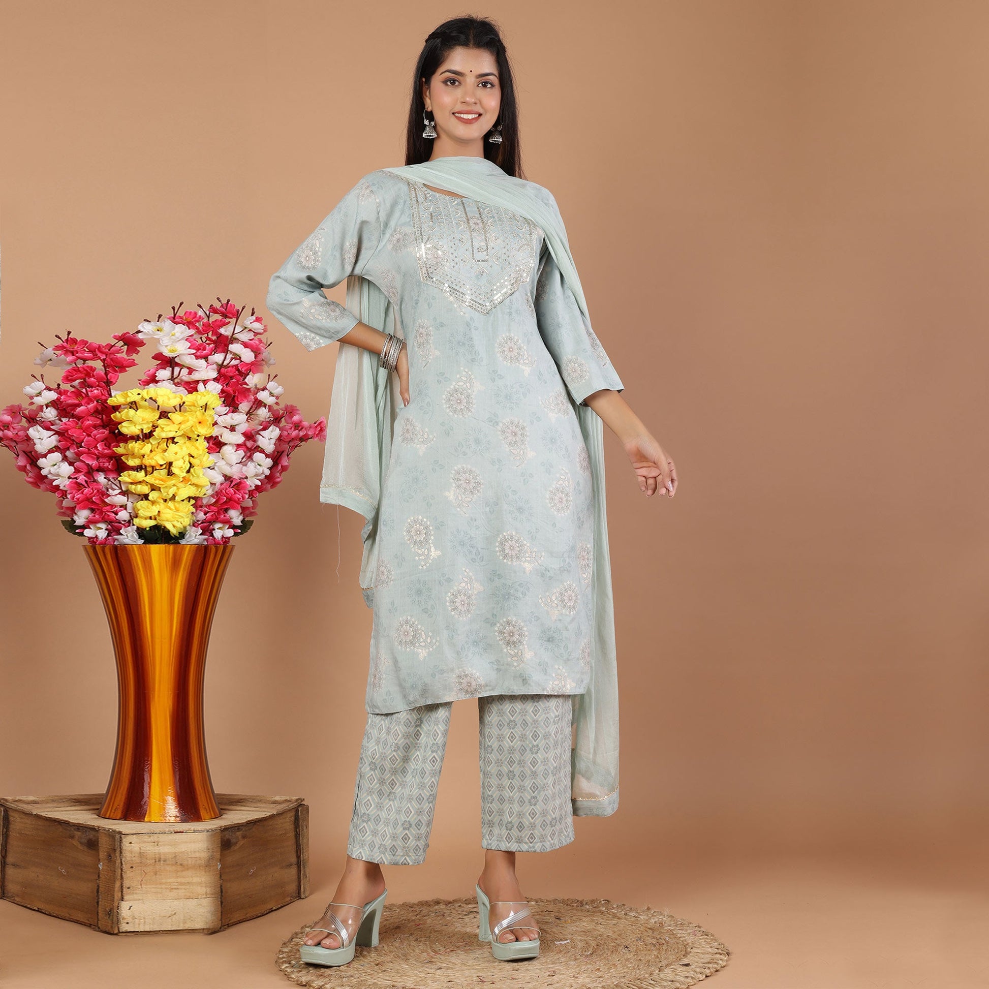 Grey Printed With Embroidered Rayon Salwar Suit
