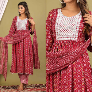 Maroon Printed With Embroidered Rayon Naira Cut Suit