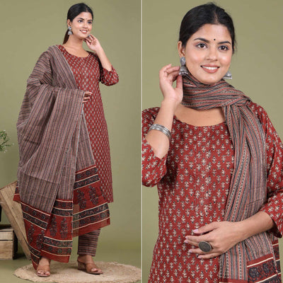 Maroon Floral Printed Pure Cotton Suit