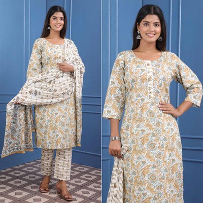Cream And Brown Floral Printed Pure Cotton Suit