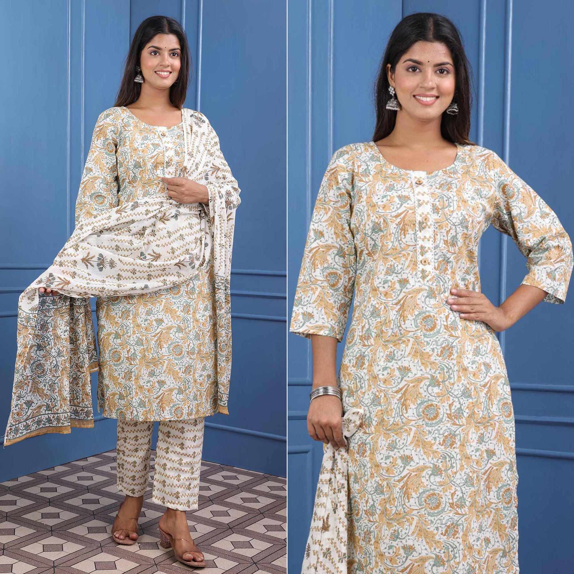 Cream And Brown Floral Printed Pure Cotton Suit