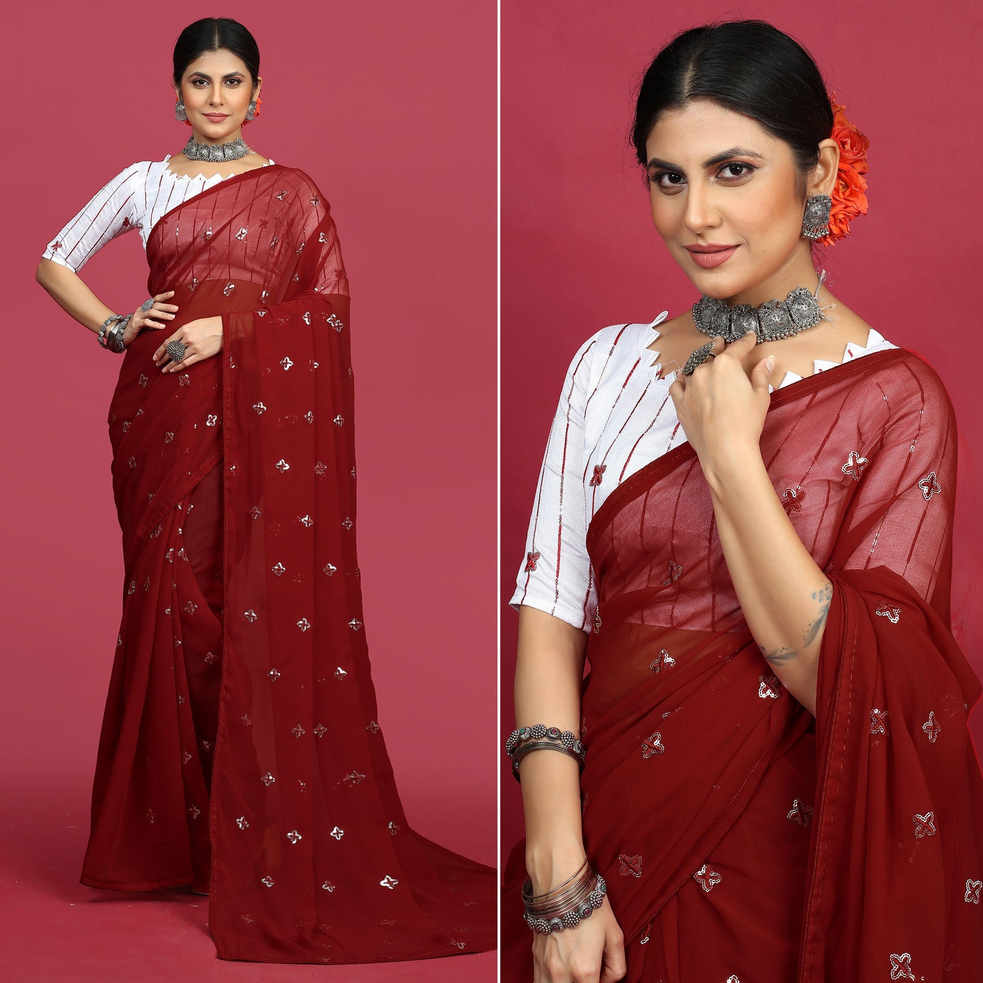 Maroon Sequins Embroidered Georgette Saree