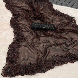 Dark Maroon Sequins Embroidered Chiffon Saree