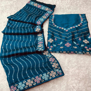 Morpich Blue Sequins Embroidered Vichitra Silk Saree