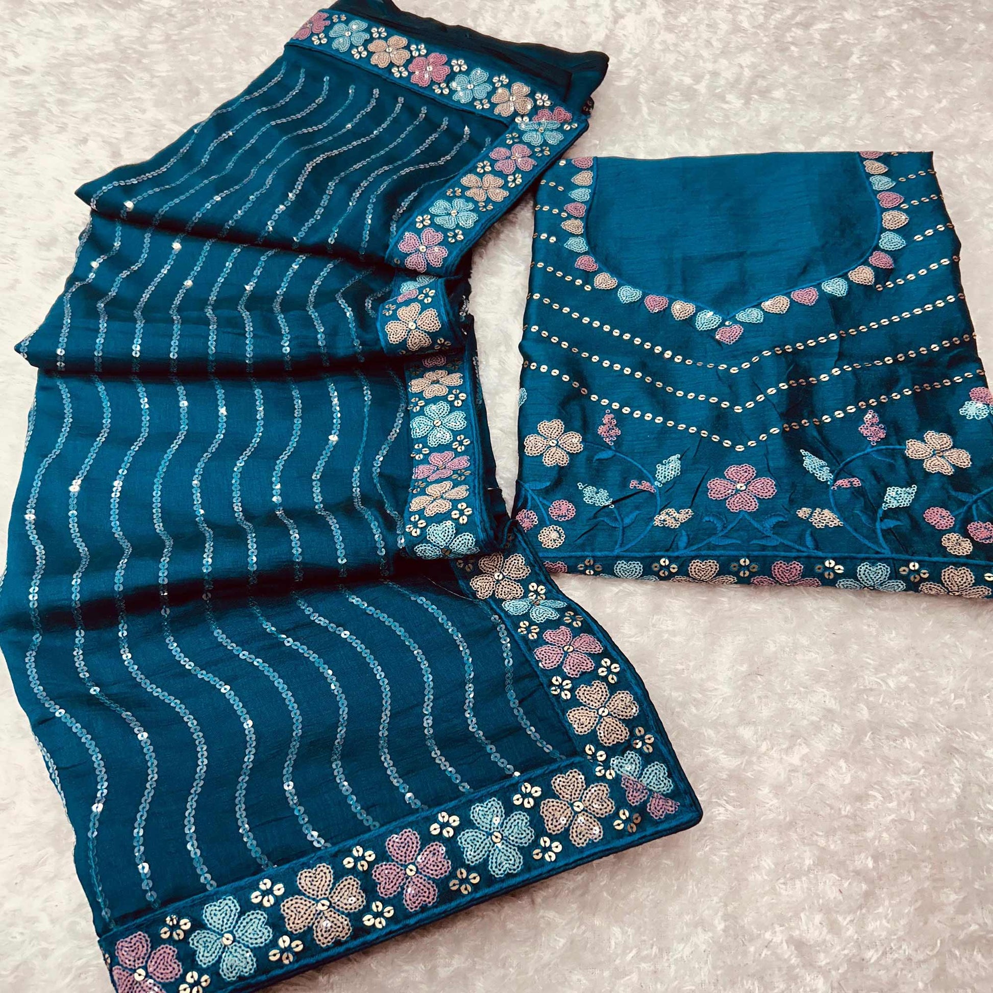 Morpich Blue Sequins Embroidered Vichitra Silk Saree