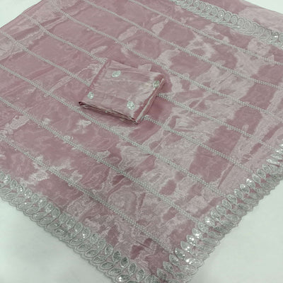 Light Mauve Embroidered Chiffon Saree With Sequins Border