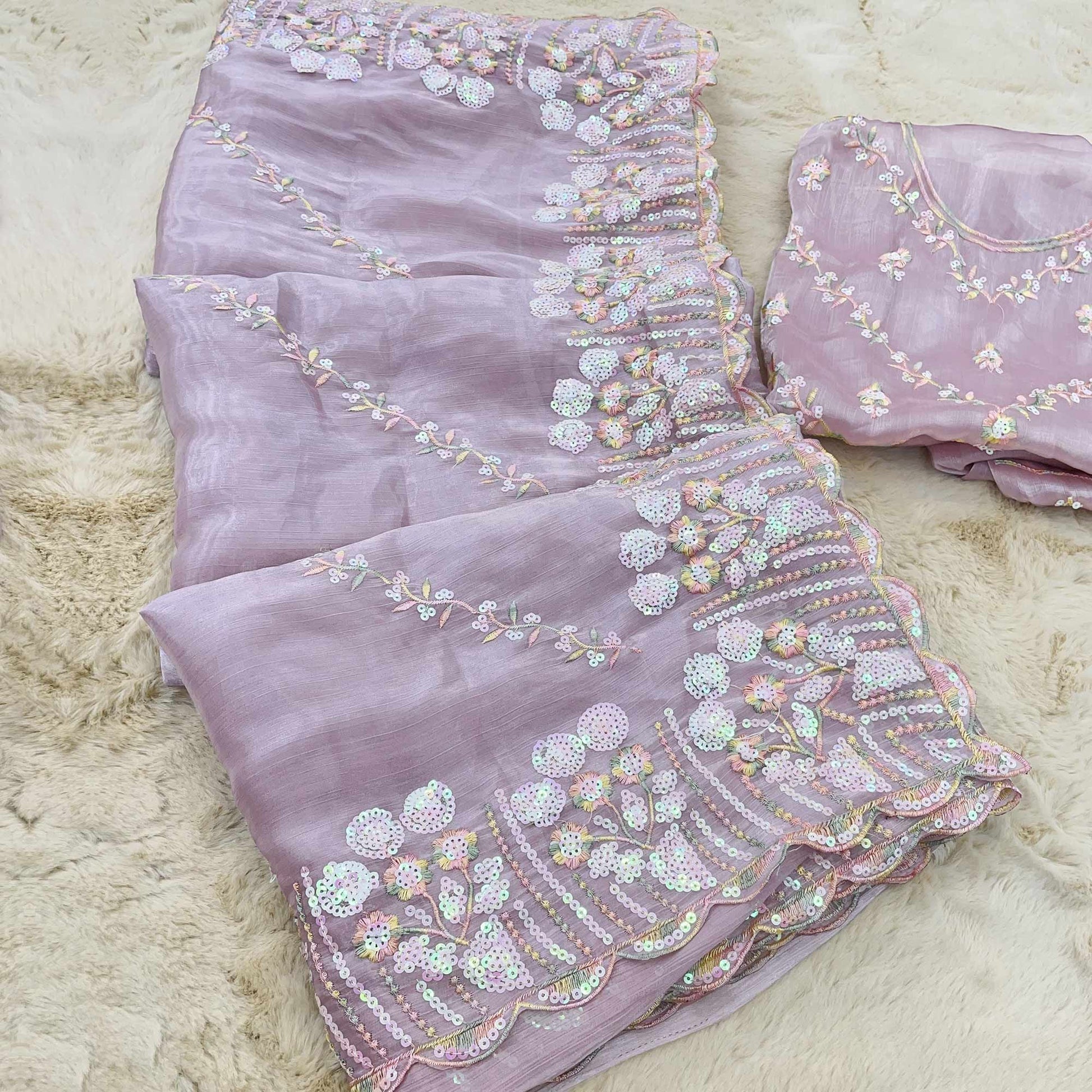 Light Lavender Sequins Embroidered Chiffon Saree