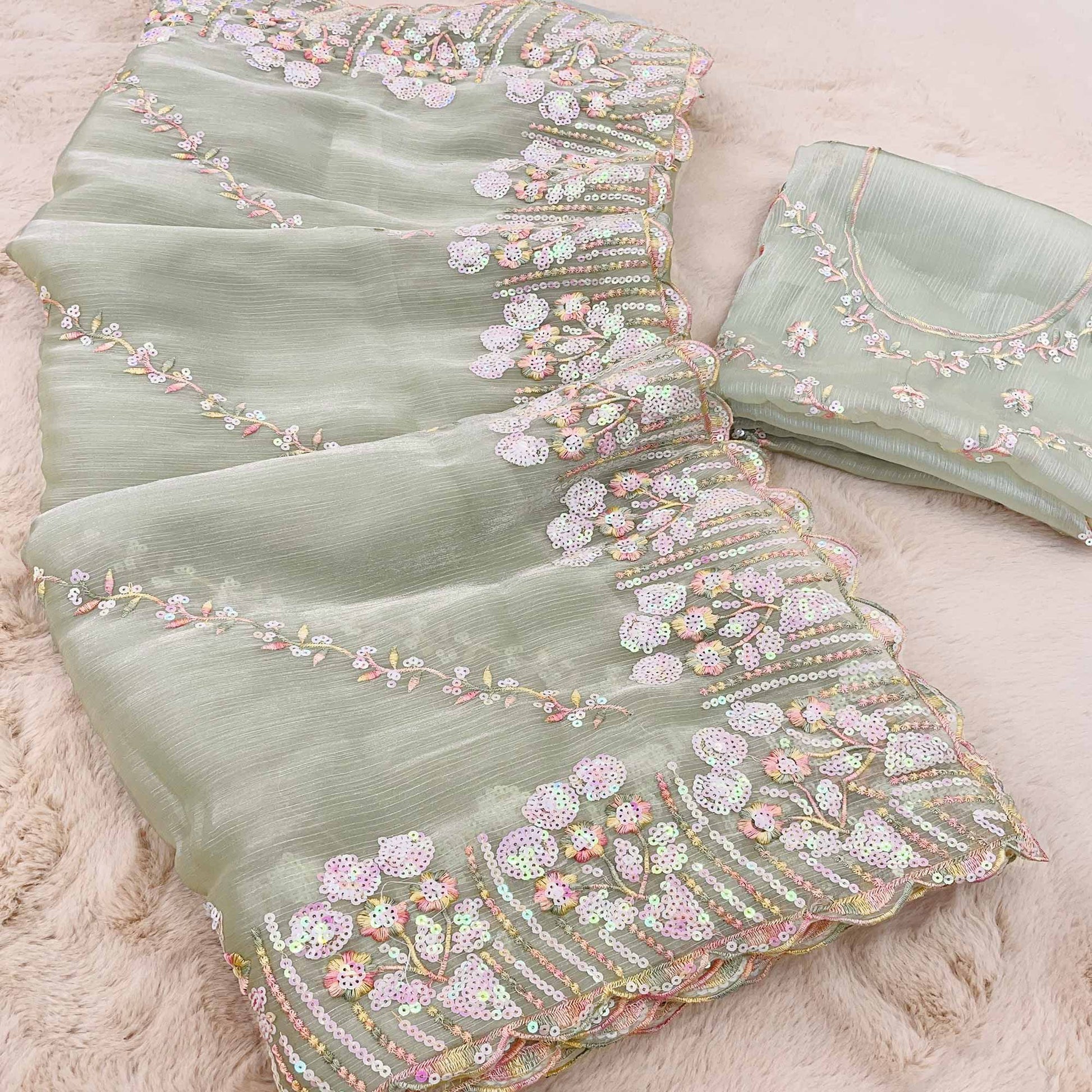 Light Pista Green Sequins Embroidered Chiffon Saree