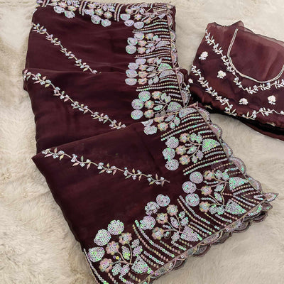 Dark Maroon Sequins Embroidered Chiffon Saree