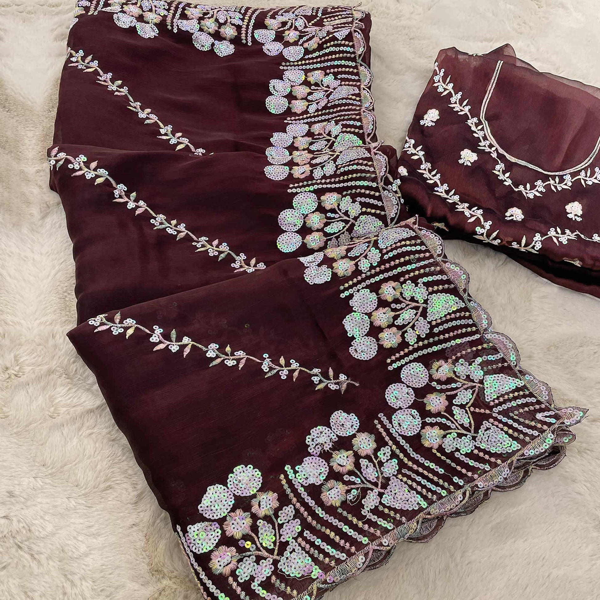 Dark Maroon Sequins Embroidered Chiffon Saree