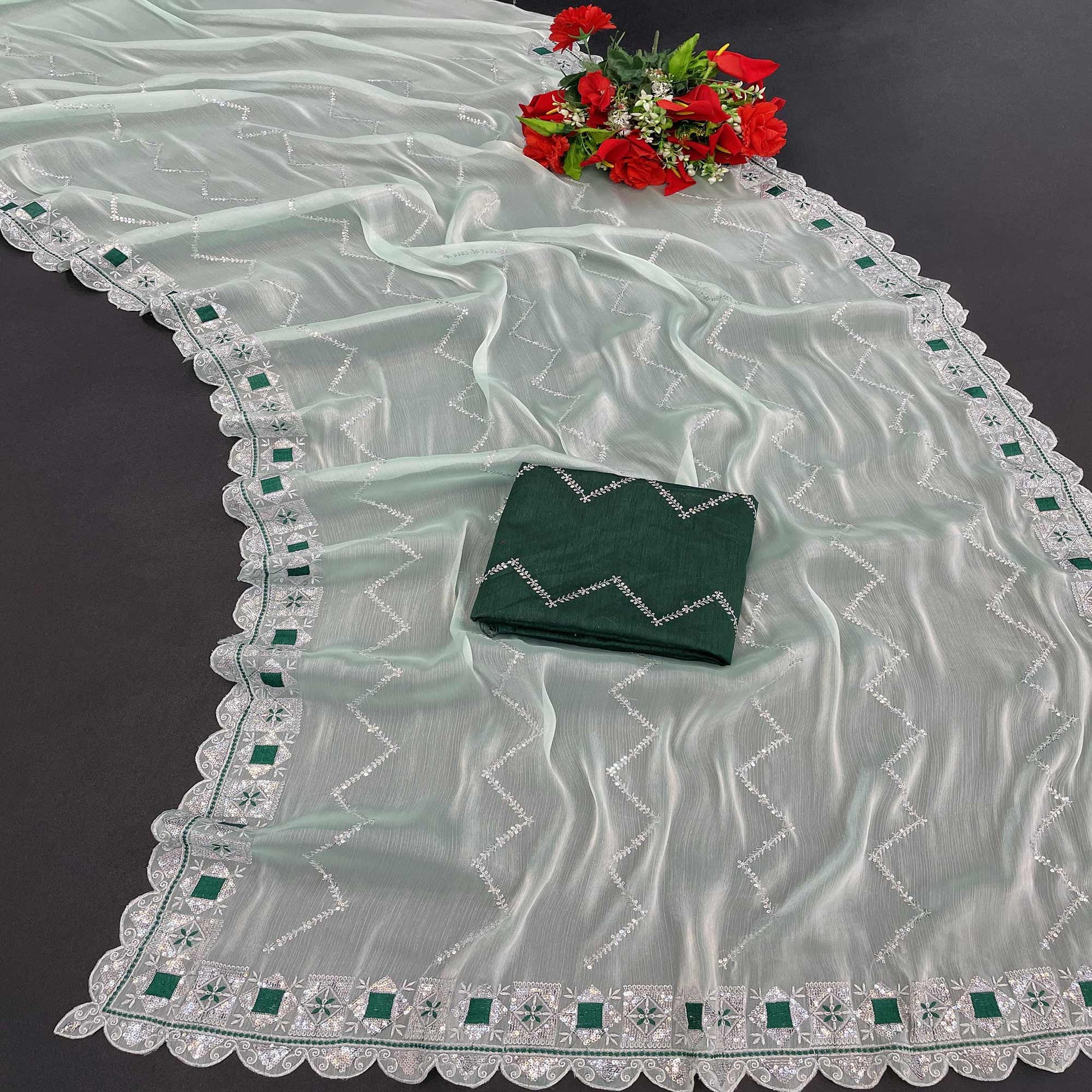 Light Green Sequins Embroidered Chiffon Saree