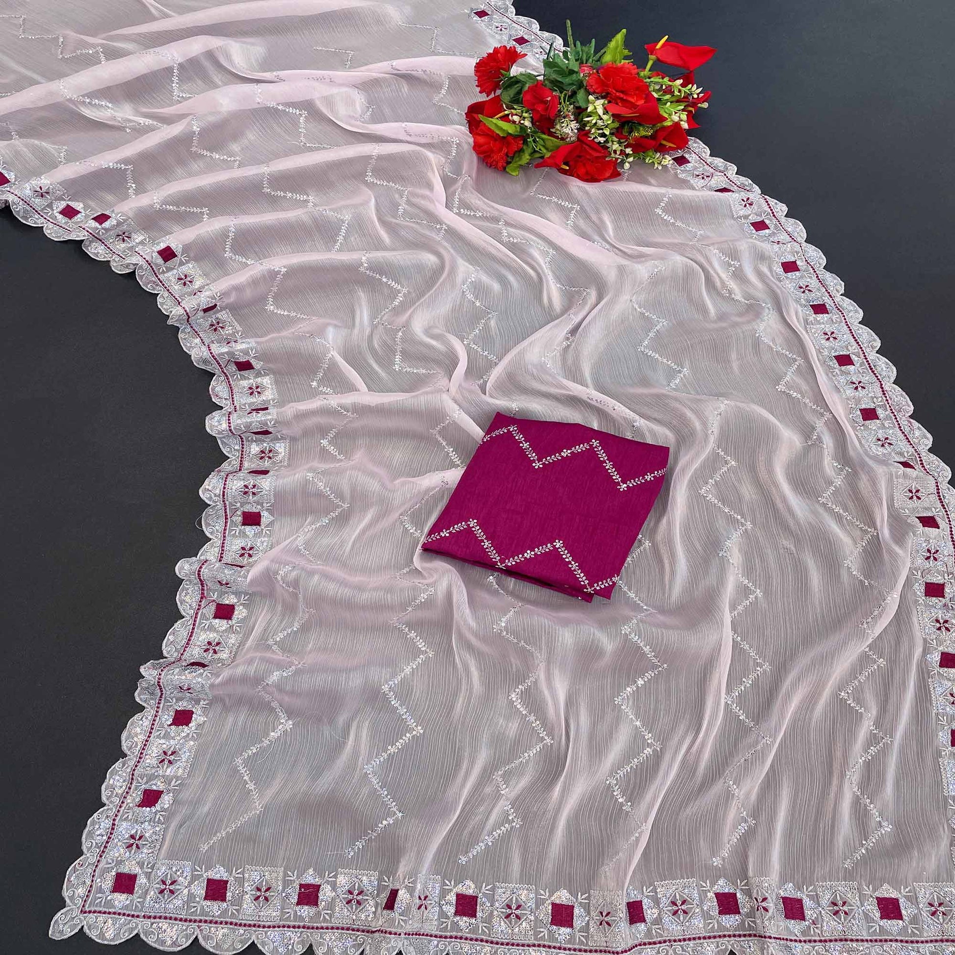 Light Pink Sequins Embroidered Chiffon Saree