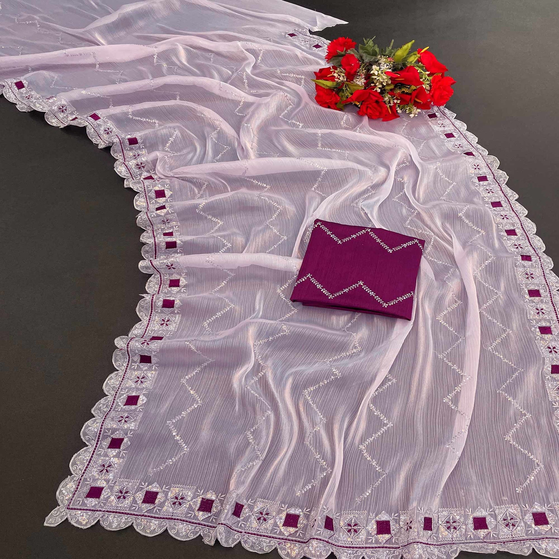 Light Purple Sequins Embroidered Chiffon Saree