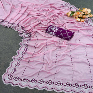 Light Pink Sequins Embroidered Chinon Saree
