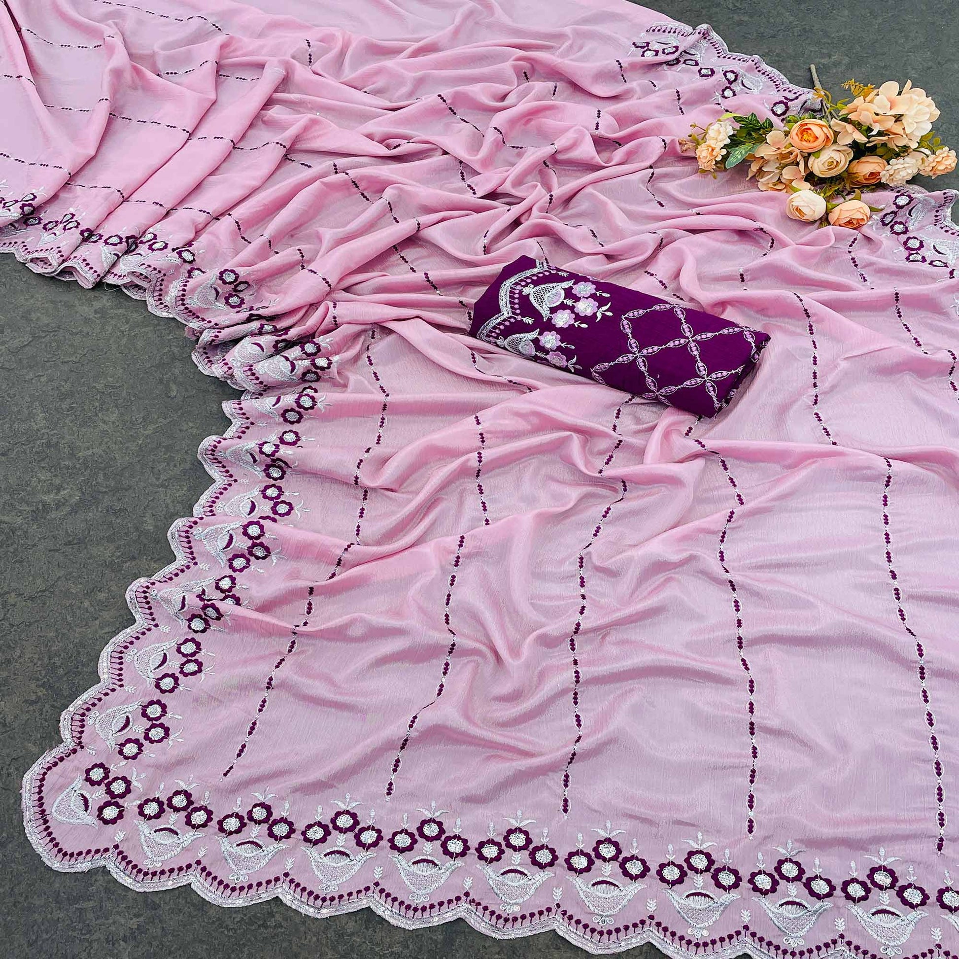 Light Pink Sequins Embroidered Chinon Saree