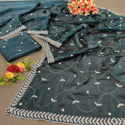 Dark Morpich Sequins Embroidered Chiffon Silk Saree