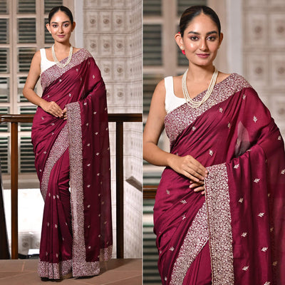 Maroon Embroidered Vichitra Silk Saree