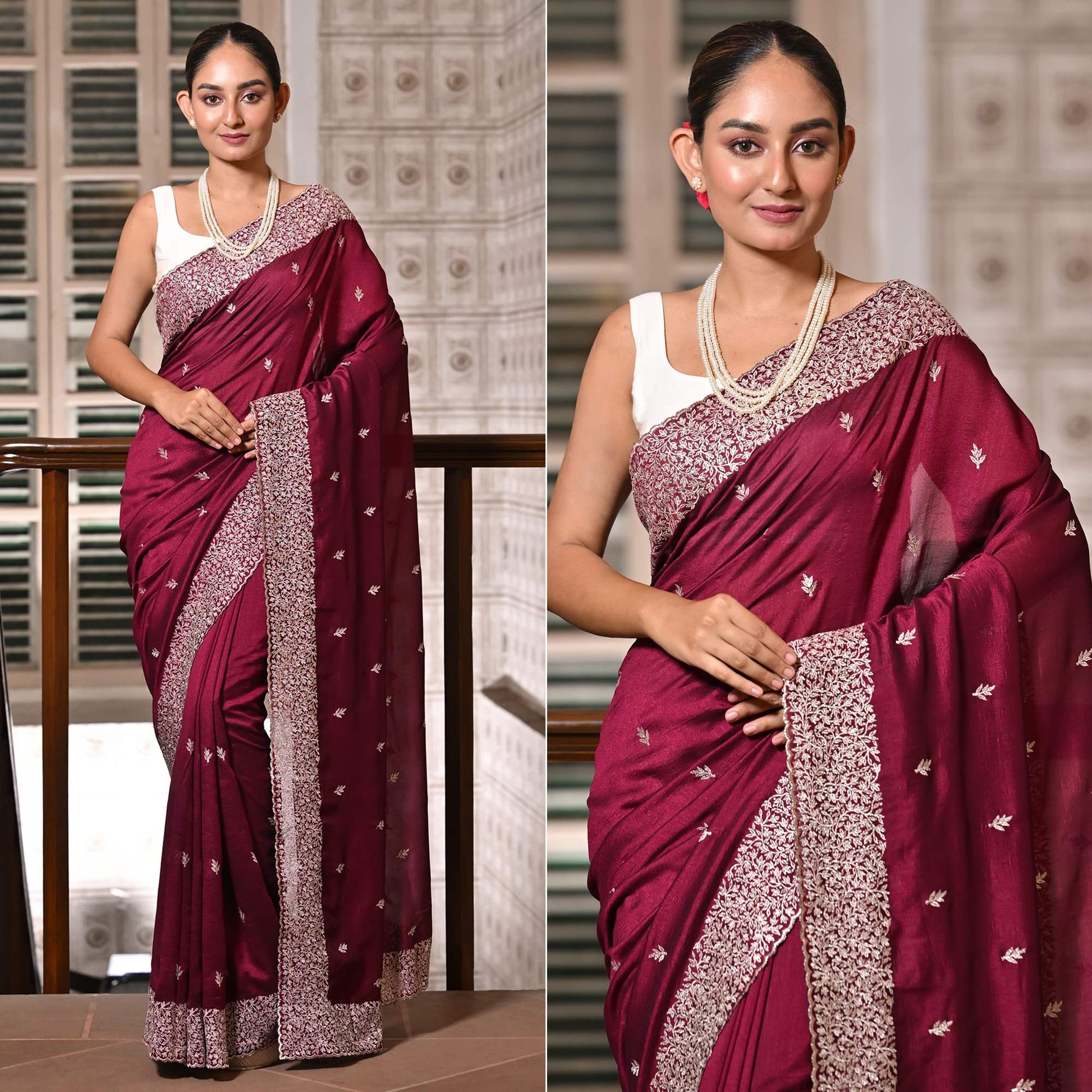 Maroon Embroidered Vichitra Silk Saree