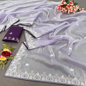 Lavender Sequins Embroidered Chiffon Silk Saree