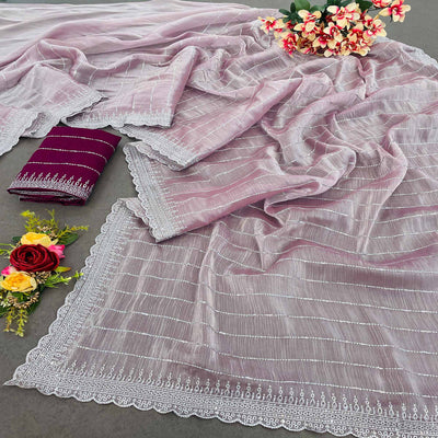 Light Mauve Sequins Embroidered Chiffon Silk Saree