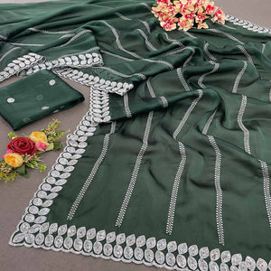 Bottle Green Sequins Embroidered Chiffon Silk Saree
