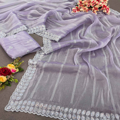 Lavender Sequins Embroidered Chiffon Silk Saree