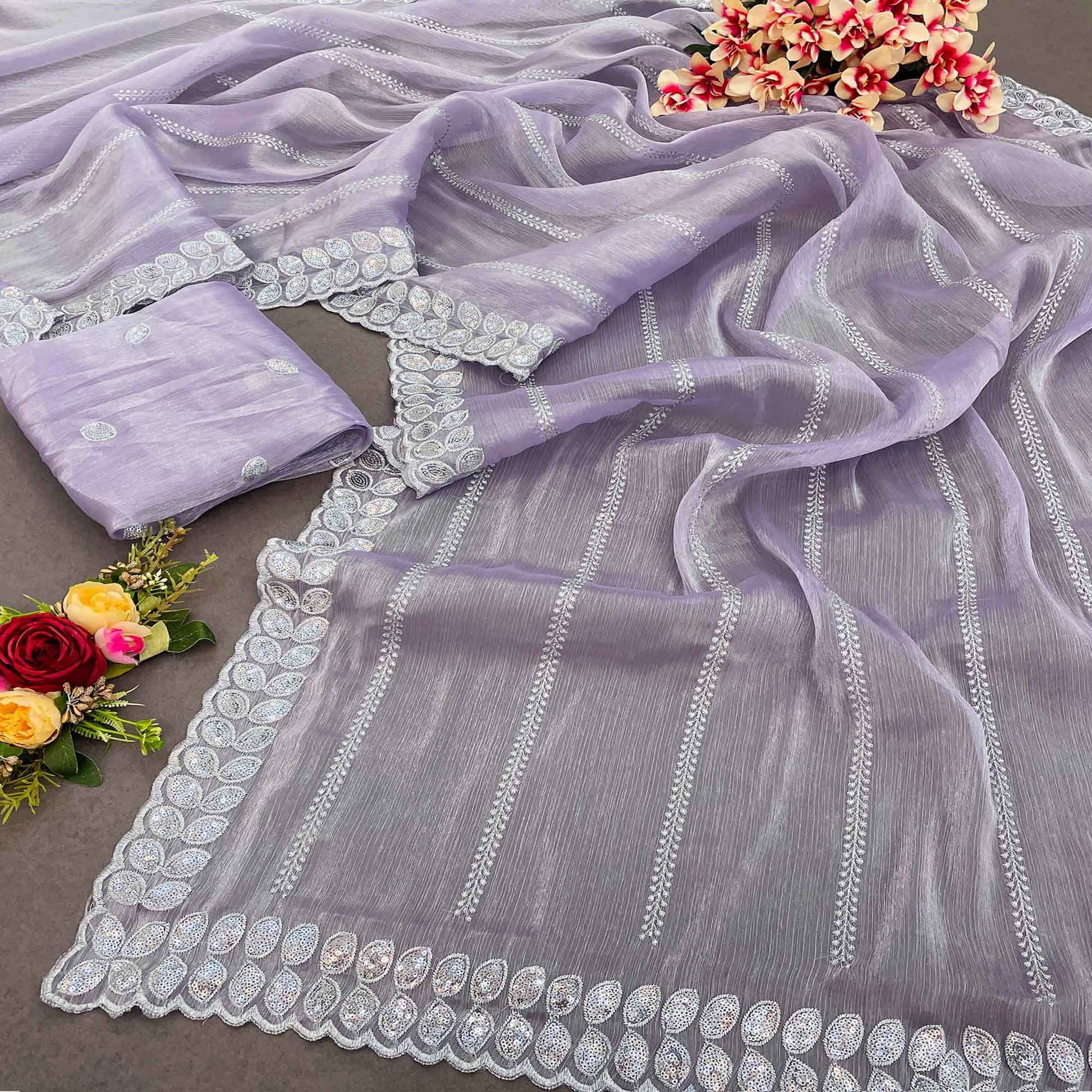 Lavender Sequins Embroidered Chiffon Silk Saree