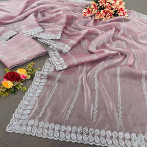 Light Mauve Sequins Embroidered Chiffon Silk Saree