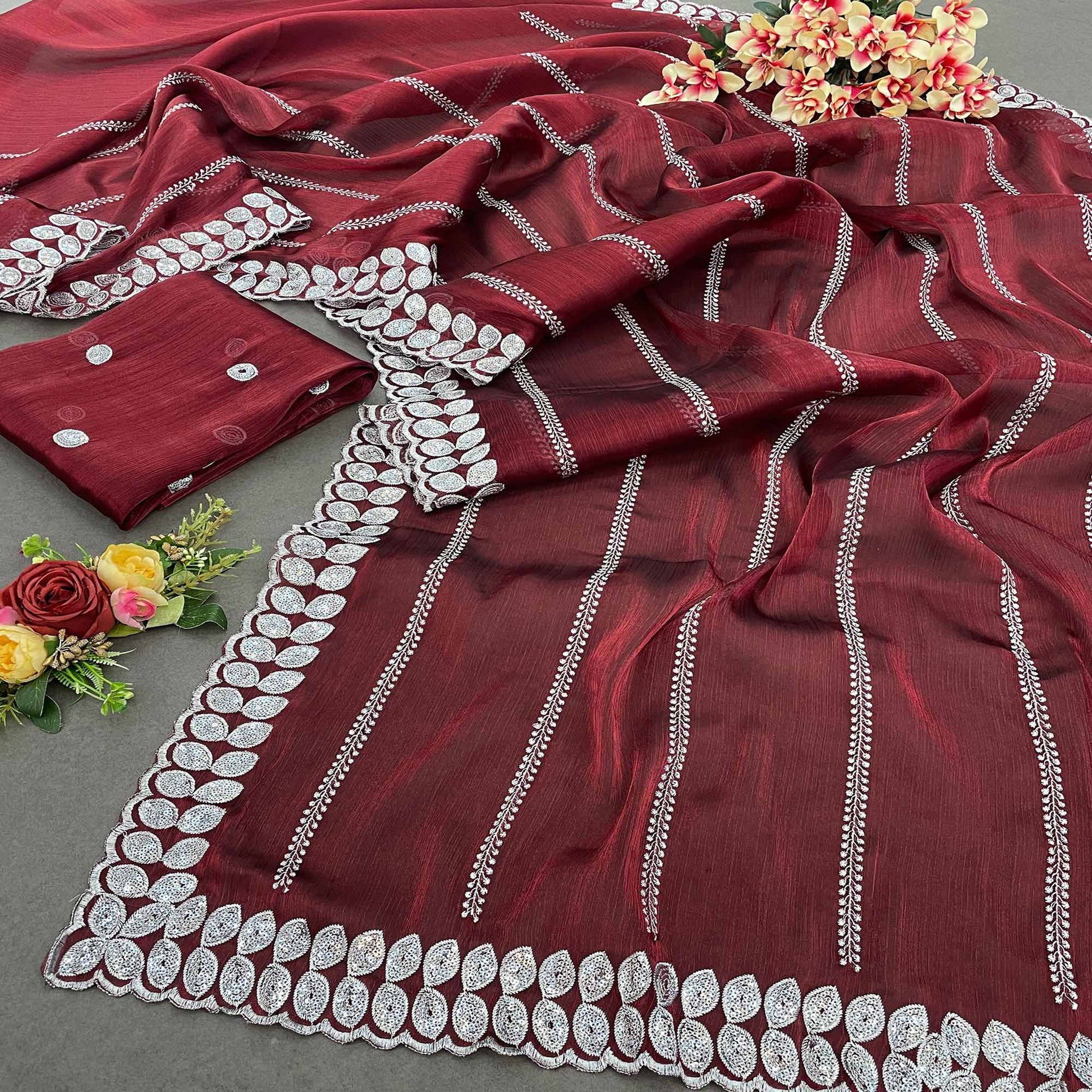 Maroon Sequins Embroidered Chiffon Silk Saree