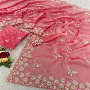 Gajri Pink Sequins Embroidered Chiffon Saree